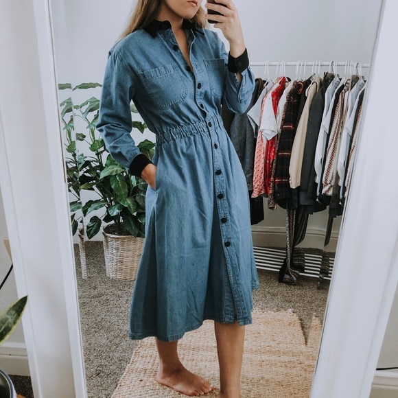 Vintage • Button Front Denim Midi Dress - Picture 2 of 8